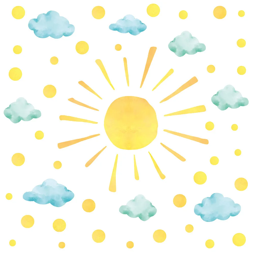 ขายร้อนดวงอาทิตย์เมฆการ์ตูนสติ๊กเกอร์ติดผนังสีน้ําเด็กห้องนอนสติ๊กเกอร์ตกแต่ง PVC Self-Adhesive