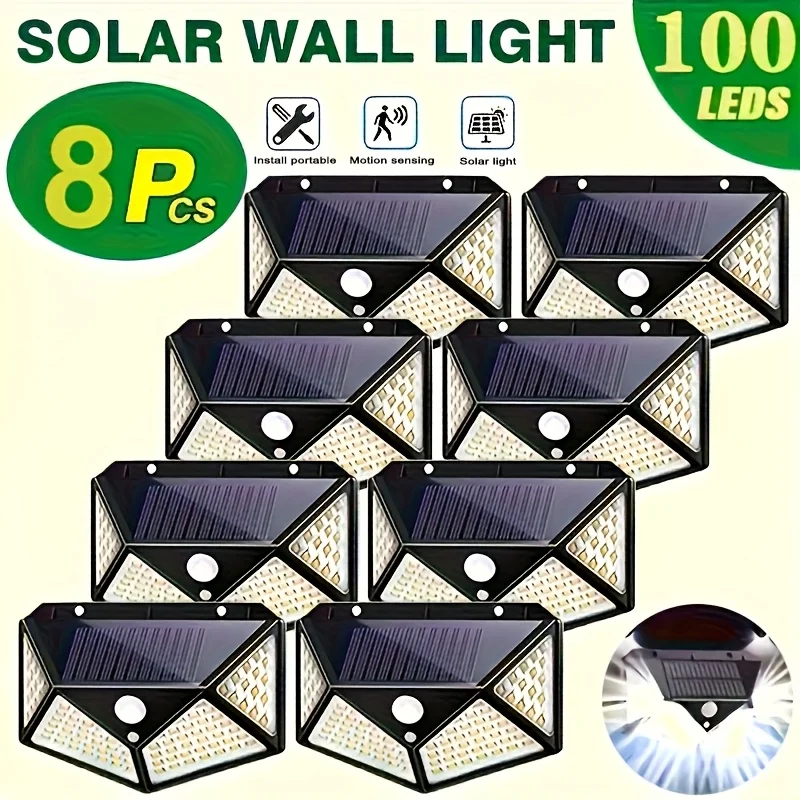 

8pcs Solar Wall Light with Motion Sensor 100LED 4-Sided Outdoor Wall Lights 3 Modes Induction Motion Sensor Lights for Exterior