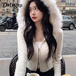 Darlingaga Korean Style White Twisted Autumn Cardigan Crop Knit Fluffy Zip Up Knitted Sweater Hooded Jacket Faux Fur Trim Collar