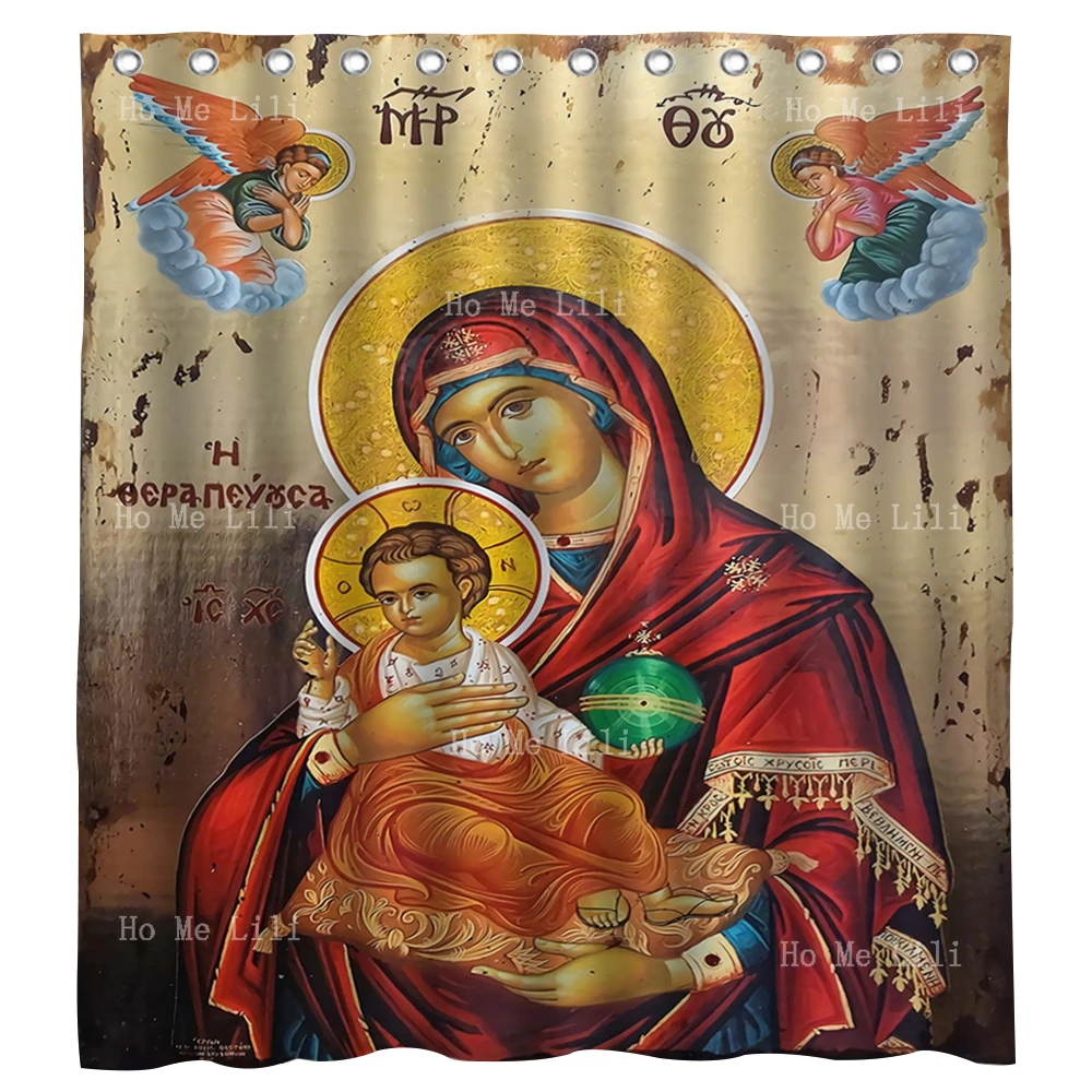 Sorrowful Virgin Mary Seven Swords Greek Christian Orthodox Icon The Mother Of God Shower Curtain For Bathroom Decor