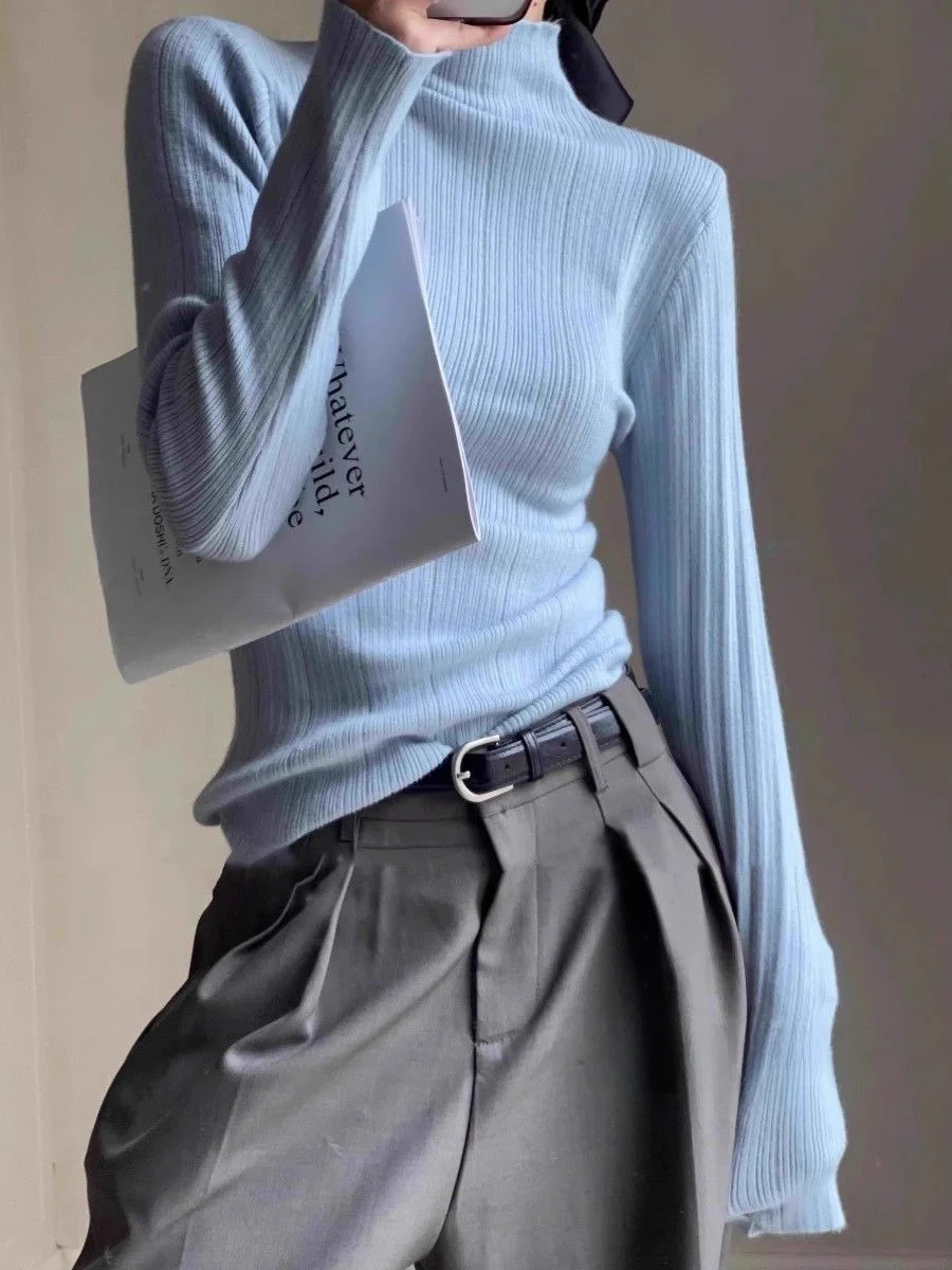 

Blue Knitted Slim Fit f High Collar Base irt Women Early Spring High End Soft Cozy Sweater Inner Wear Tea Aroma Top