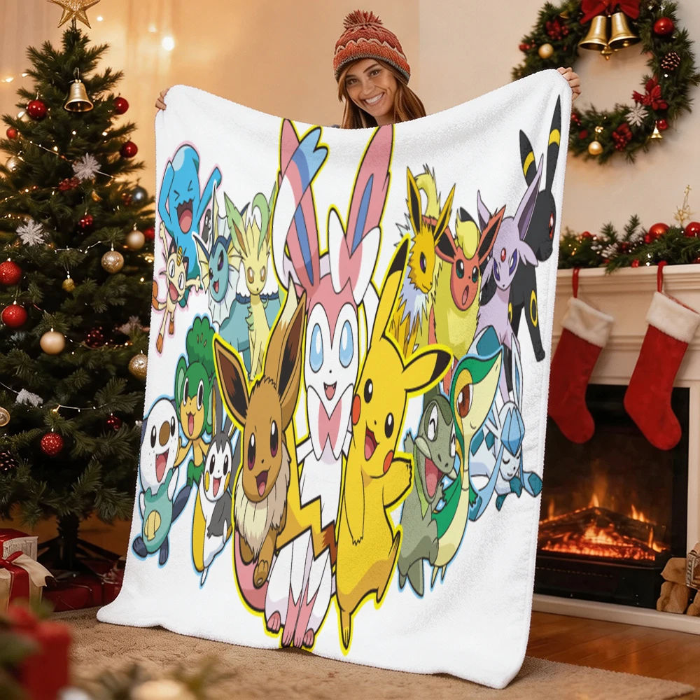 Pokemon Flannel Throw Blanket Pikachu Eevee Evolution Cute Group Soft Warm Blanket for Sofa Bed Anime Kids Gift