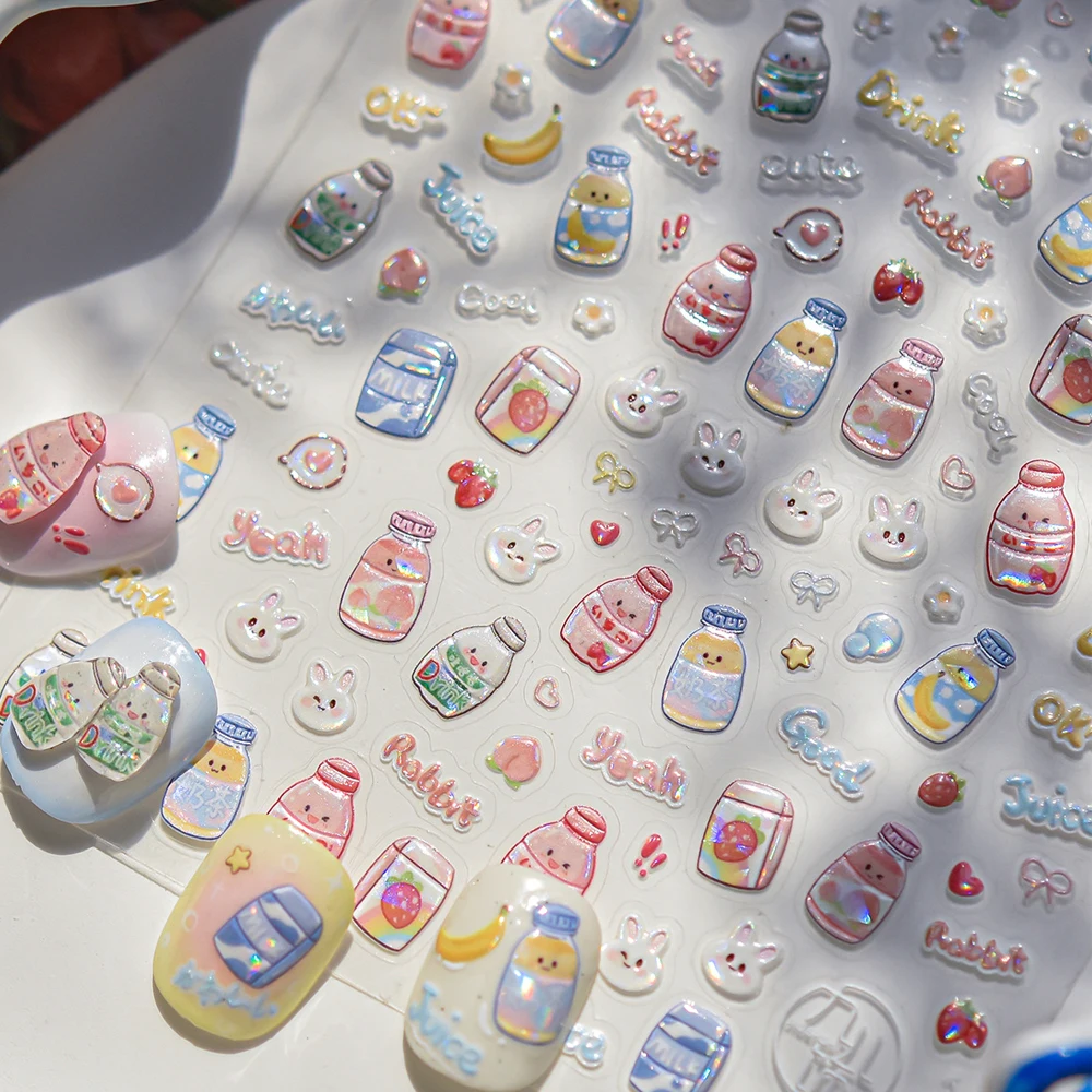 

Bottle Milk Fruit Juice Beverage Lovely Rabbit Strawberry Peach Banana Bowknot 5D Nail Art Sticker Self Adhesive Manicure Decal