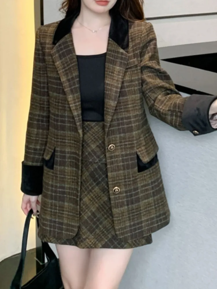 Winter Women Elegant Casual Plaid Blazer Skirts Suit Vintage Business Formal Jackets Coat Mini Saya Outfits Female 2 Pieces Set