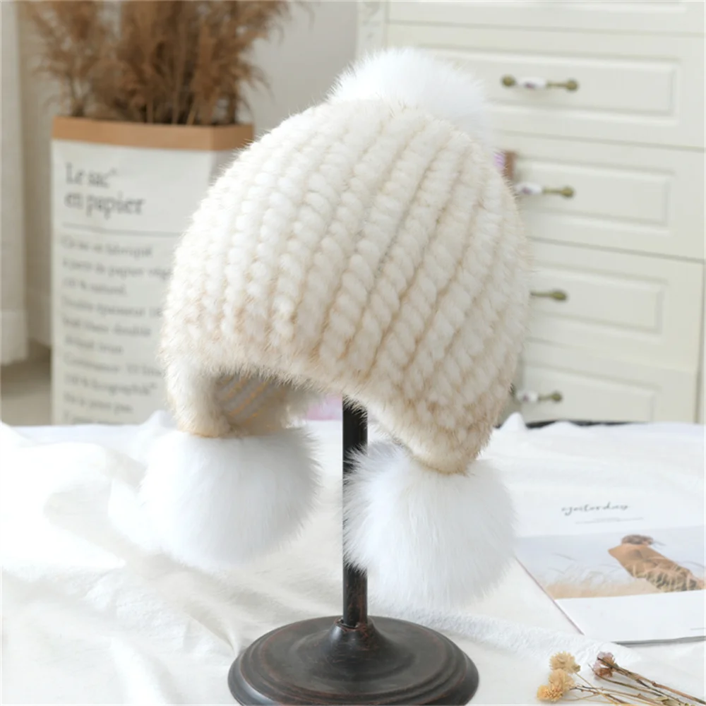 New fashion Genuine natural women\'s knitted Mink Fur Hat Winter Womens Mink Fur Hats hand made knit Fluffy Ladies Fur Beanie