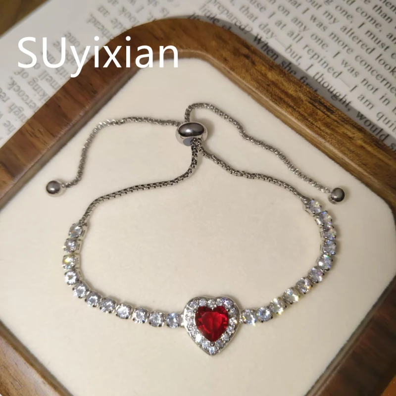 925 Sterling Silver Exquisite Heart-shaped Colored Zircon Adjustable Bracelet, Birthday Anniversary Gift, Women's Jewelry