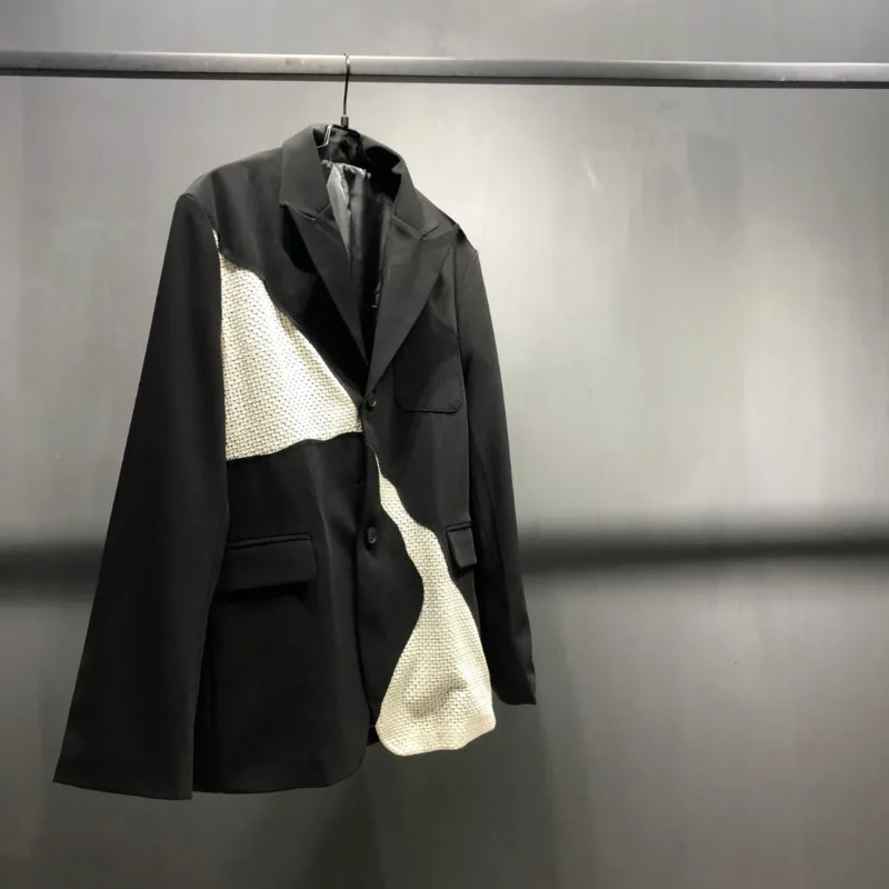 WVGA Spring Autumn New Men Tide Lace Patchwork Trendy Turn-Down Collar Suit Coat Niche Chic Casual Long Sleeve Blazer Ins W16151