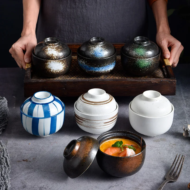 Japanese Ceramic Bowl With Lid Soup Bowl Small Stew Cup Household Steamed Egg Bowl Dessert Soup Bowl