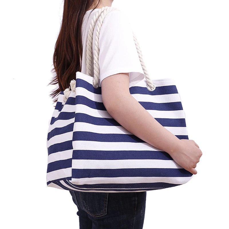 

New Big Stripe Shoulder Handbags Shopping Bag Beach Handbag New Fashion Canvas Bag Wild Rough Twine Striped Beach Bag Drop Ship