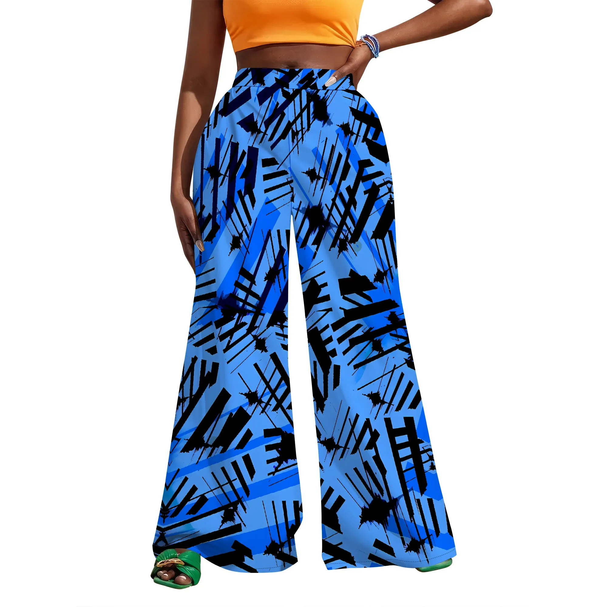 Streetwear High Waist Wide Leg Pants Women Blue Black Abstract Print Casual Summer Trousers