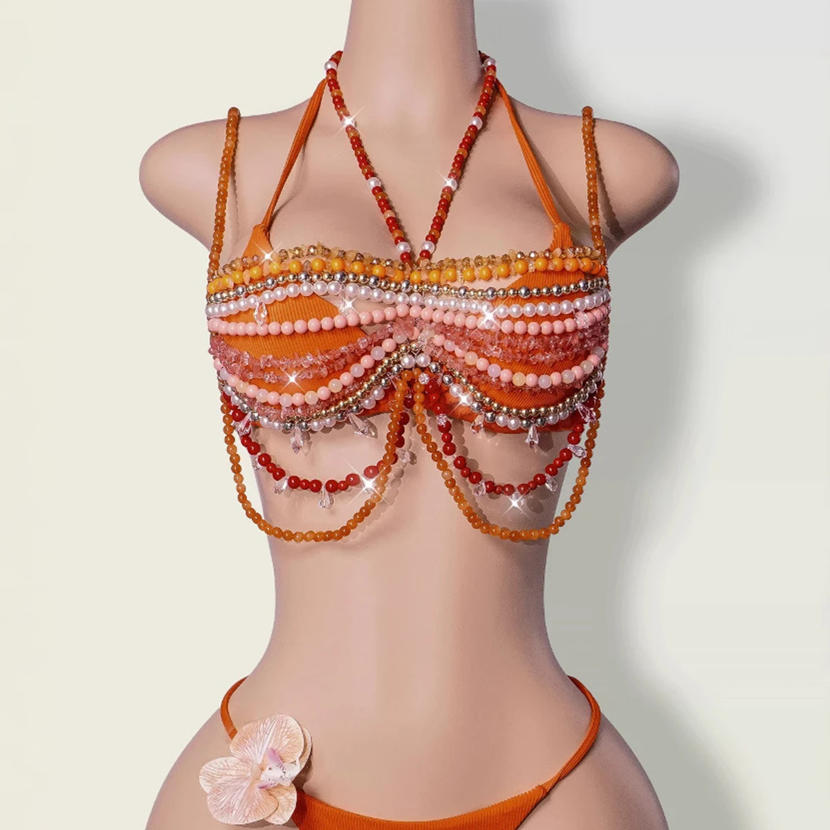 

Handmade Female Glitter Beaded Orange Bralette for Beach Bikini Cover up Body Harness Jewelry Rave Outfit Layered Pearl Bra Top