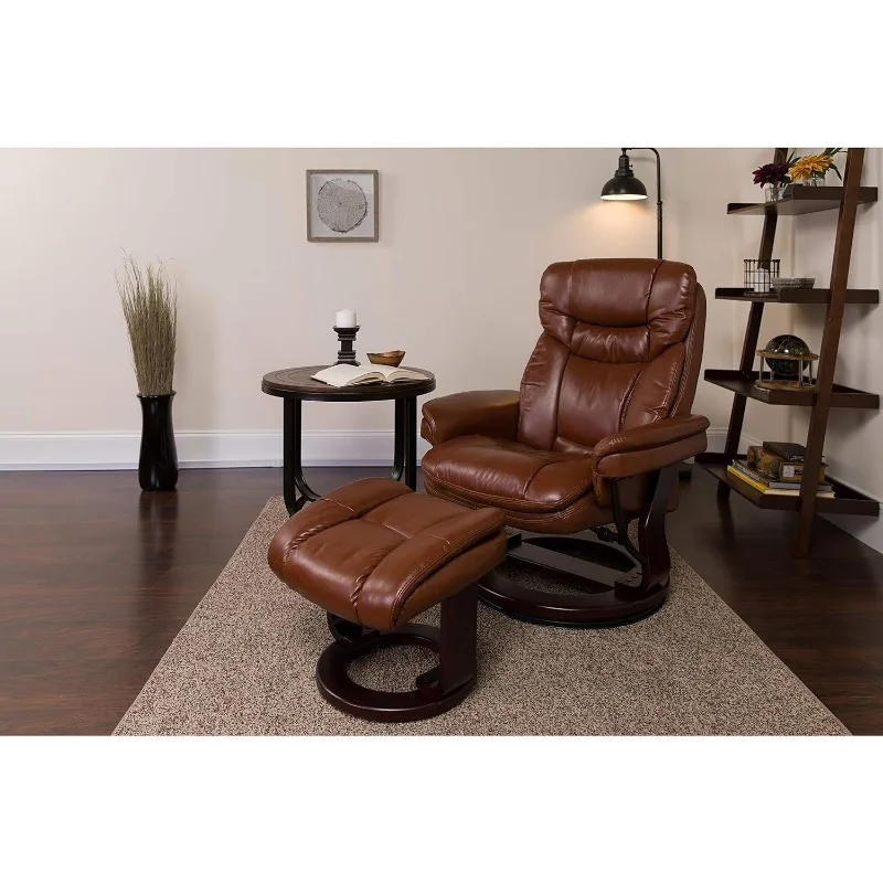 Allie LeatherSoft Upholstered Recliner with Footrest, Arms, and Headrest, Padded Swivel Recliner Chair and Ottoman Set, Brow