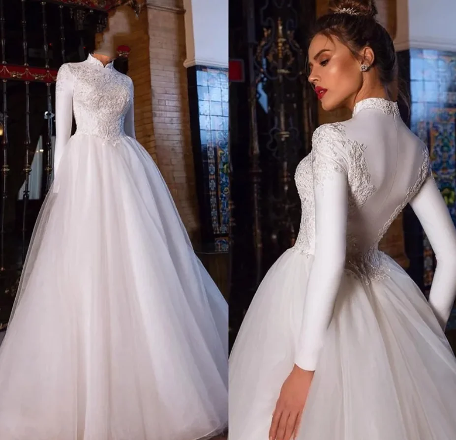 Vestido de novia blanco Vintage con cuello alto y mangas largas, de línea a Apliques de encaje, tul satinado, largo hasta el suelo, talla grande