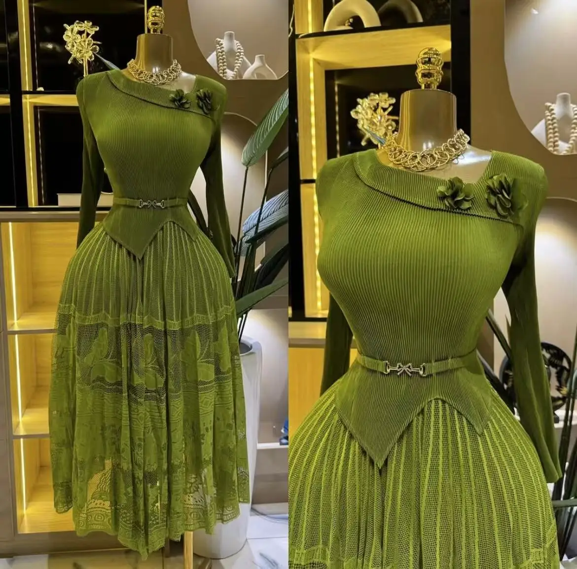 Miyake  2026 Diagonal Collar Elegant Loose Solid Color Big Pendulum Pleated Skirt African Women's Summer NewPleated Dress