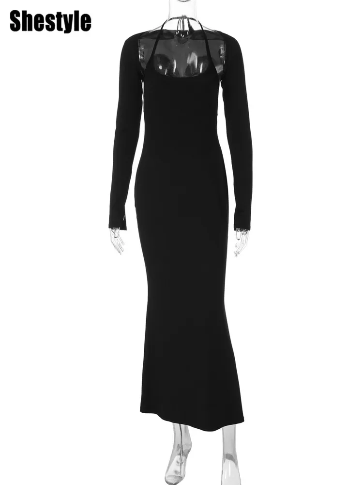 Shestyle المرأة الشتاء فستان طويل عارية الذراعين أسود أرجواني الصلبة 2 قطعة مجموعات الرسن كيب ضيق سليم رشيقة مثير الخيال الملابس