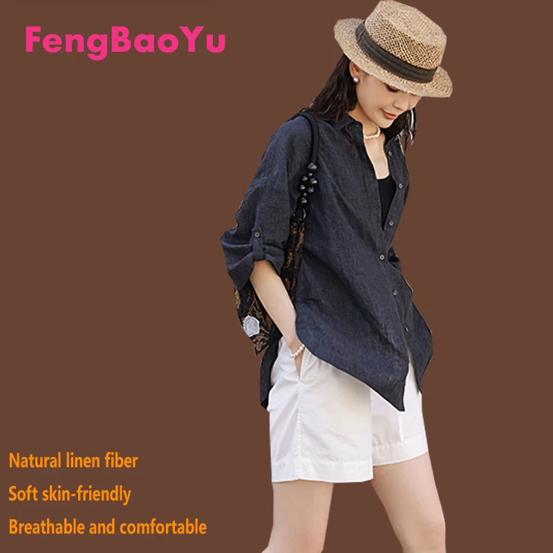 Fengbaoyu Damenhemd aus 100 % Naturleinen – schlichter Stil, Dreiviertelärmel, lockeres Oberteil – Outdoor, lässig und modisch