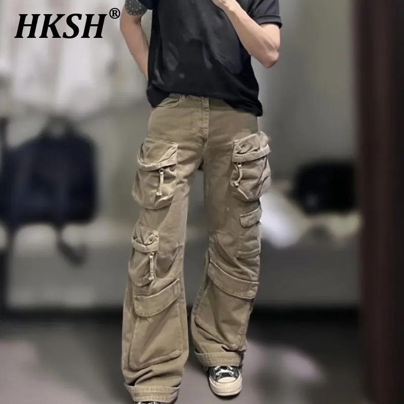 HKSH Men's Tide Safari Style Workwear Pocket Washing Heavy Industry Tactical Jeans Spring Autumn New Wide Leg Denim Pants HK0830