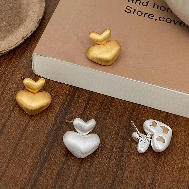 

PONYKISS 925 Sterling Silver 18K Gold Brushed Heart Stud Earring for Women Cute Fine Jewelry Minimalist Light Luxury Accessories