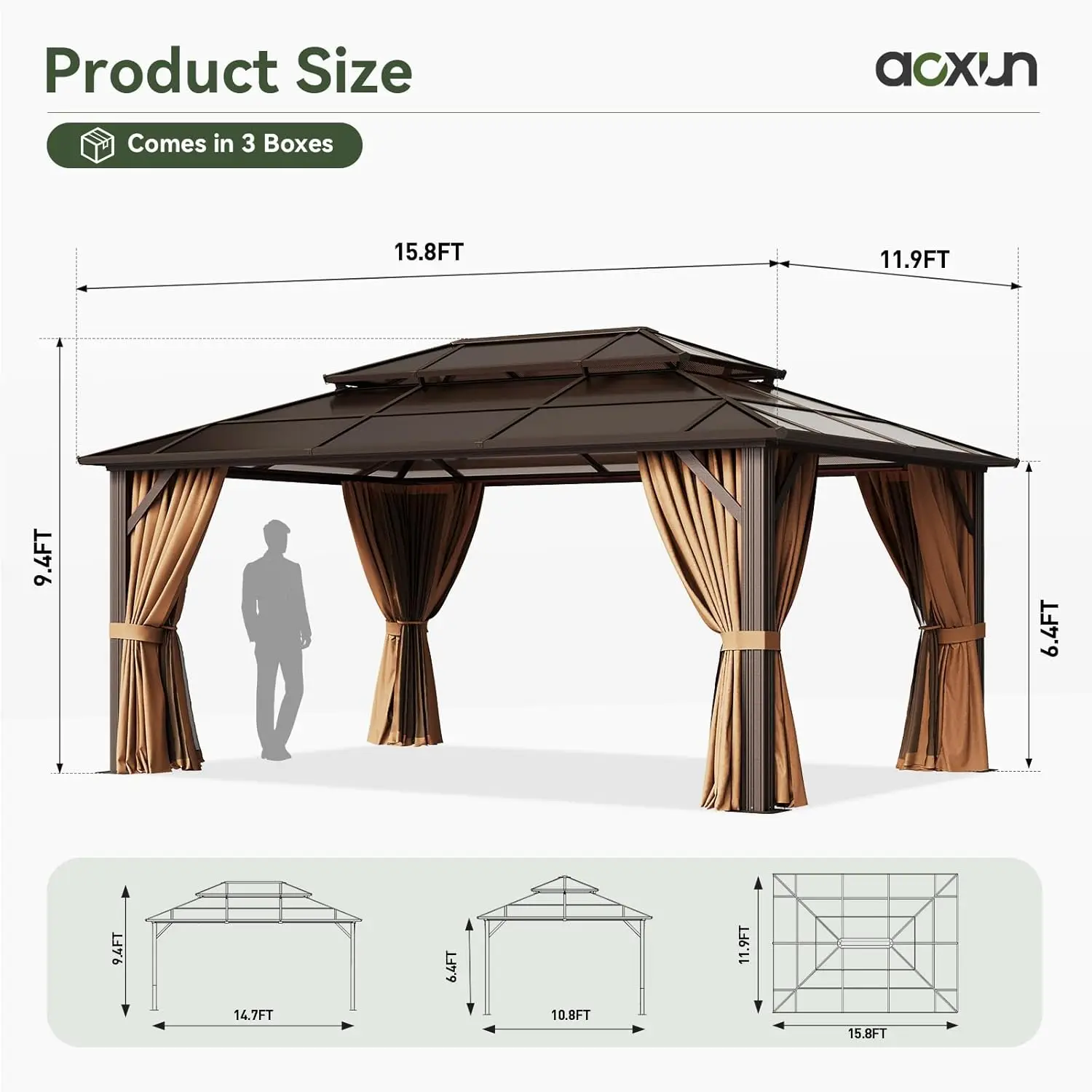 12'x16' Hardtop Gazebo,  Permanent Pavilion with Curtains and Netting, Outdoor Polycarbonate  Roof Canopy, Designed for Garden