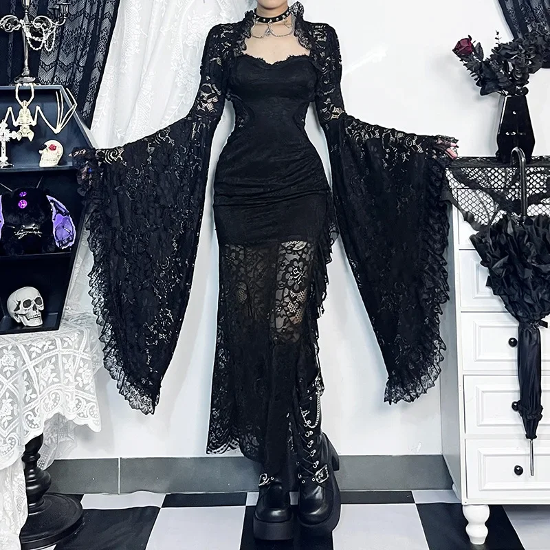 

Gothic Classic Lace Cover Ups Women Mesh Crop Top See Through Sexy Flare Sleeve Blouse Y2k Black Rave Outfit Festival