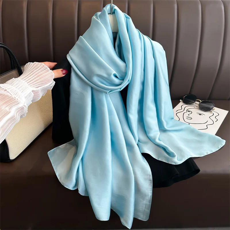 Fashion 90x180cm Solid Color Satin Muslim Hijab Soft Silk Feeling Headscarf Outdoor Beach Sunscreen Shawl