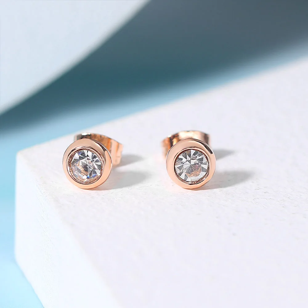 ZHOUYANG-pendientes de tuerca redondos simples para mujer, joyería de moda de Color oro rosa conciso, cristal austriaco, proveedor de envío directo