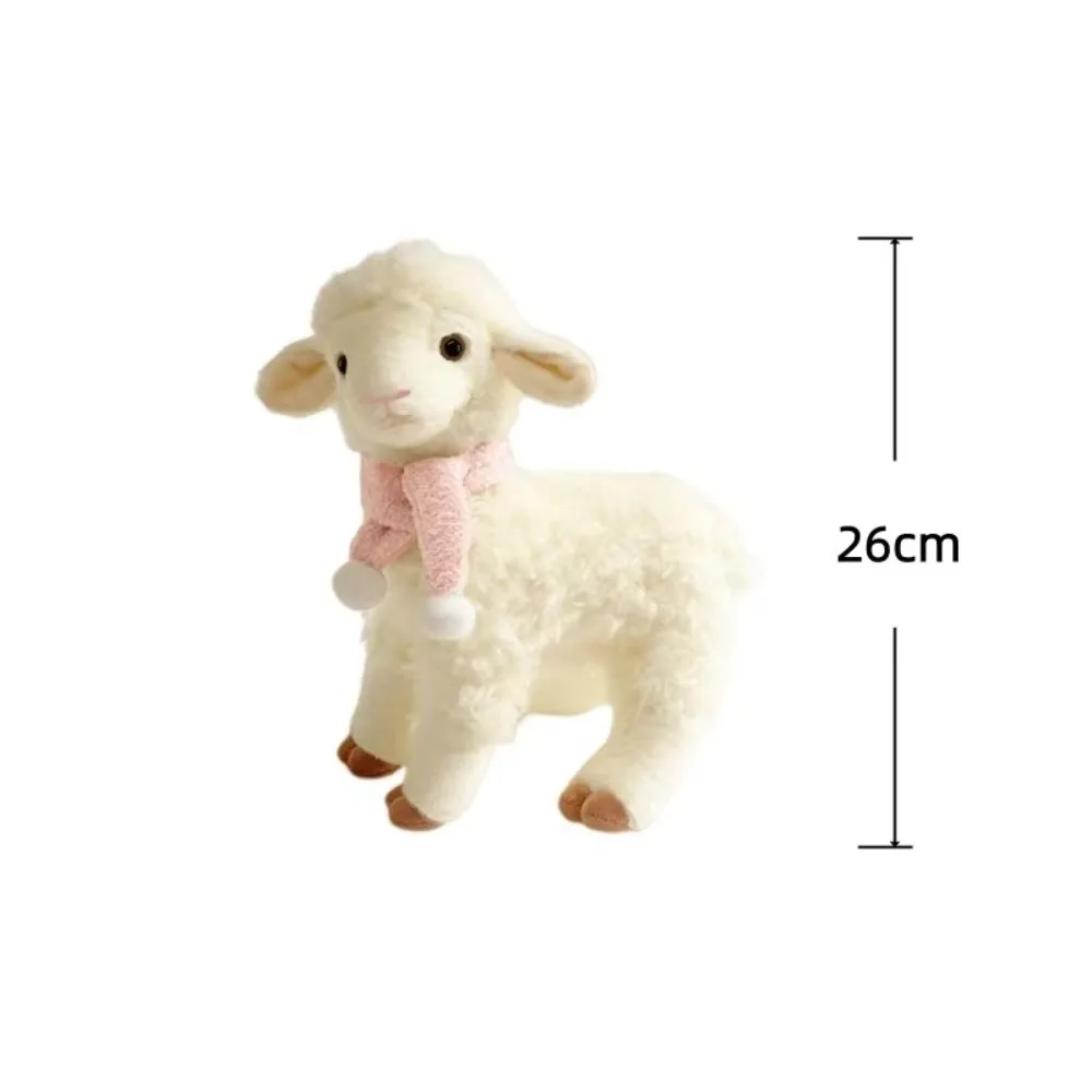26cm 31cm Standing Sheep Plush Toy Pink Scarf White Pompom White Lamb Stuffed Doll Standing Design Soft Curly Fur