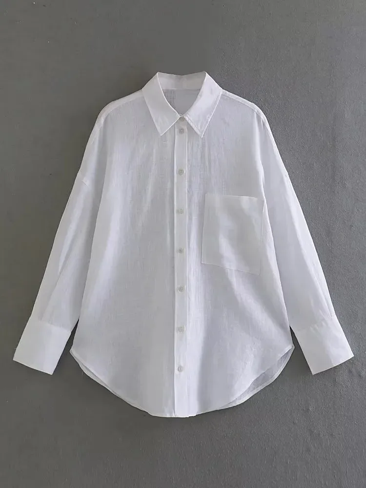 TRAF Linen Women Shirt 2023 Long Sleeve Blue Loose Blouses Streetwear Button Up White Woman Blouse Summer Casual Black Shirt