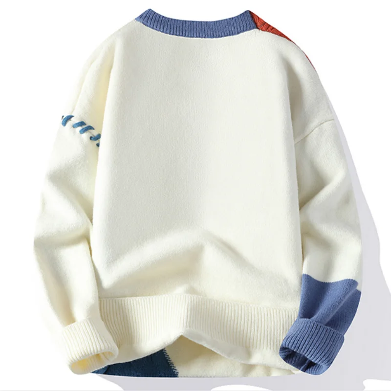 Men's Autumn Winter Long Sleeves Knit Sweater Round Neck Mink Fleece Splice Wearing Rope High Street Pullover Trend Fashion Tops