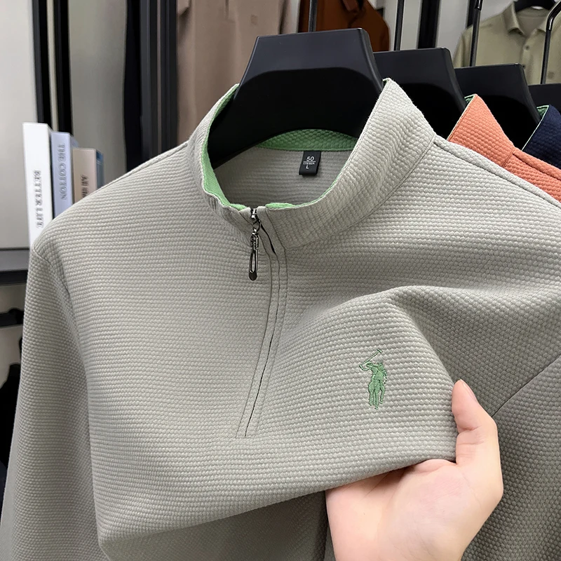 Designer brand pony embroidery men's pullover new fashion comfort Paul luxury half zipper stand up collar long sleeve T-shirt