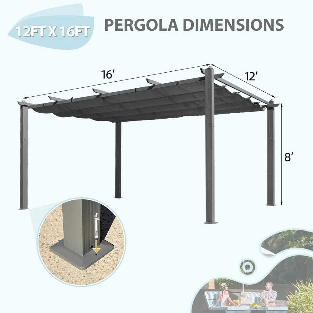 12x16 ft Pergola, Aluminium Pergola mit versenkbarem Baldachin, verbesserter Schutz mit verstellbarem und abnehmbarem Sonnenschutz