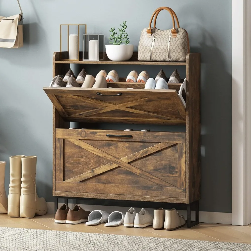 Shoe cabinet with 2 flip-out drawers, freestanding organizer, metal legs for entry, narrow shoe rack cabinet, rustic brown