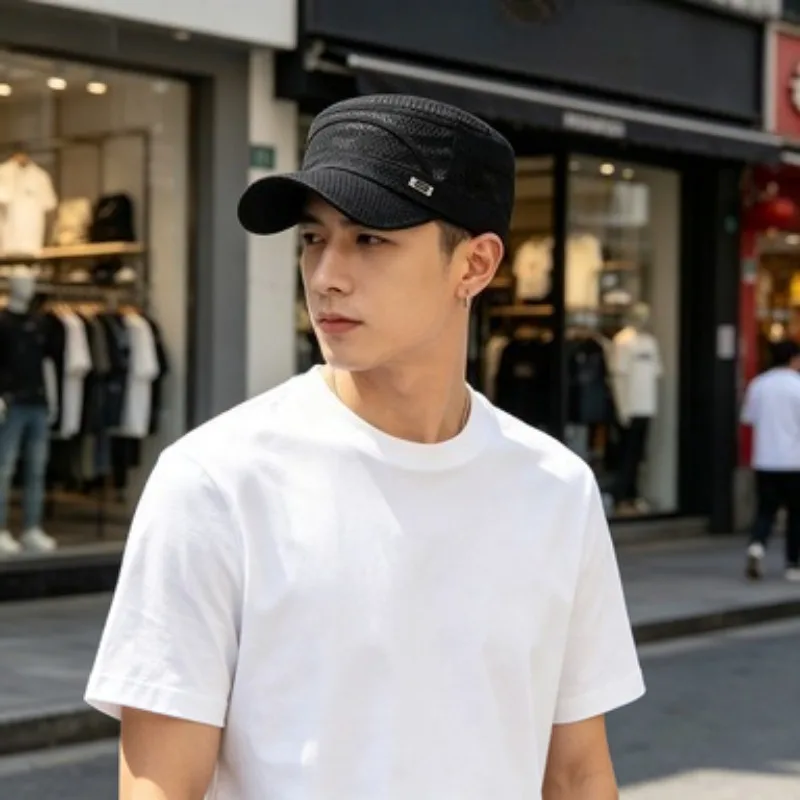 

New Iron Label Full Net Breathable Flat Cap For Men Casual Breathable Shade For Summeroutdoor Leisure Sunscreen Hat For Women