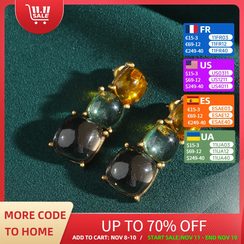 

Vintage Transparent Colored Sugar Beans Drop Earrings Glass Crystal Gold Color Luxury Quality Jewelry Woman Cute Accessories