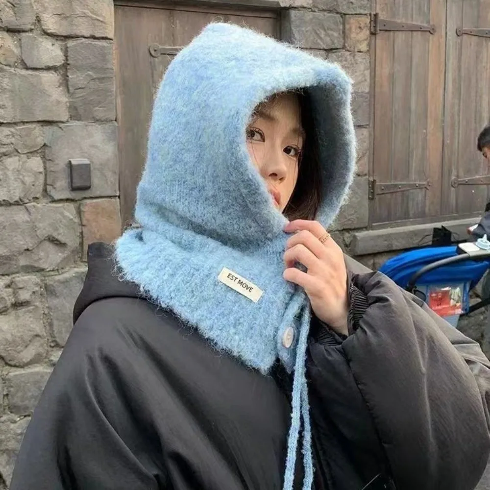 Korean Style Thicken Knitted Balaclava Warm Soft Hooded Scarf Cap Windproof Coldproof Drawstring Neckerchief Hat Women Girl