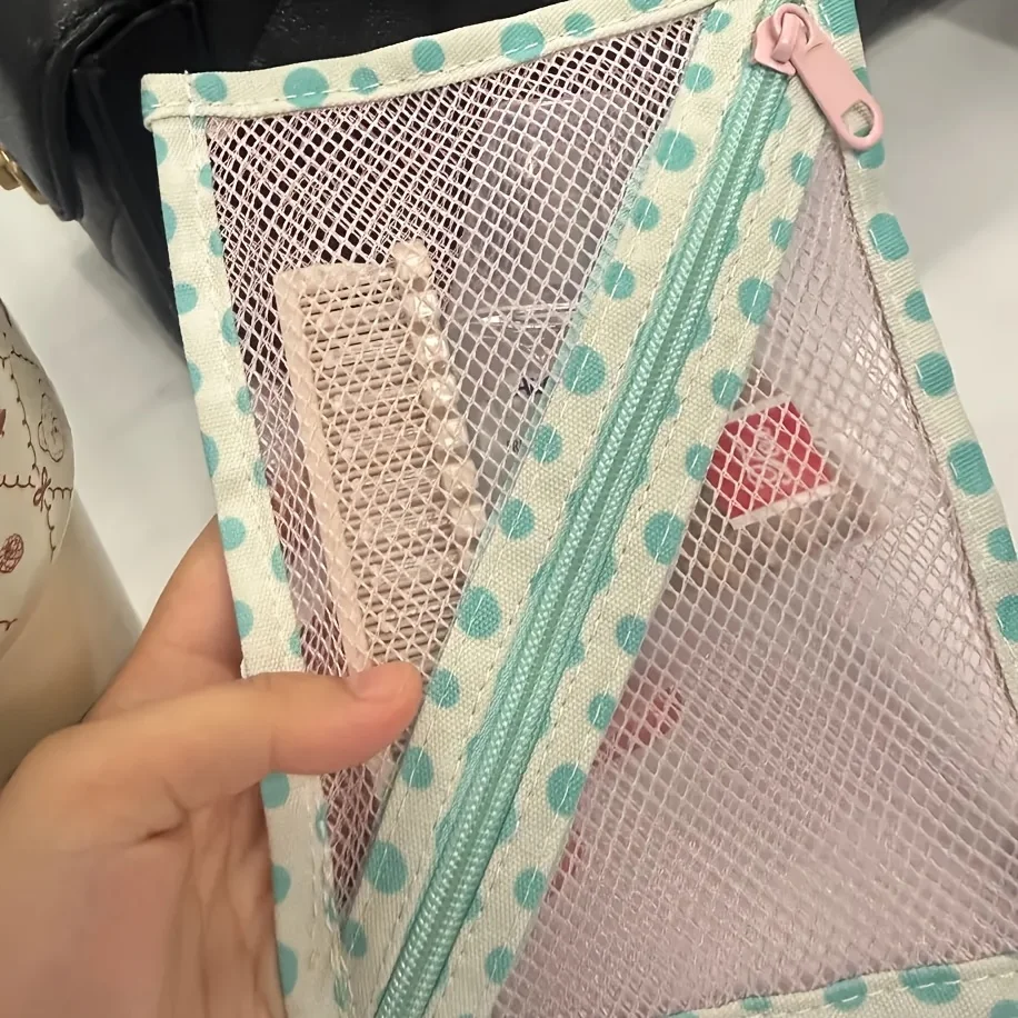Mint Green & Pink Polka Dot Transparent Mesh Organizer Bag - Large Capacity,Lightweight Breathable Suitable for Travel,Commuting