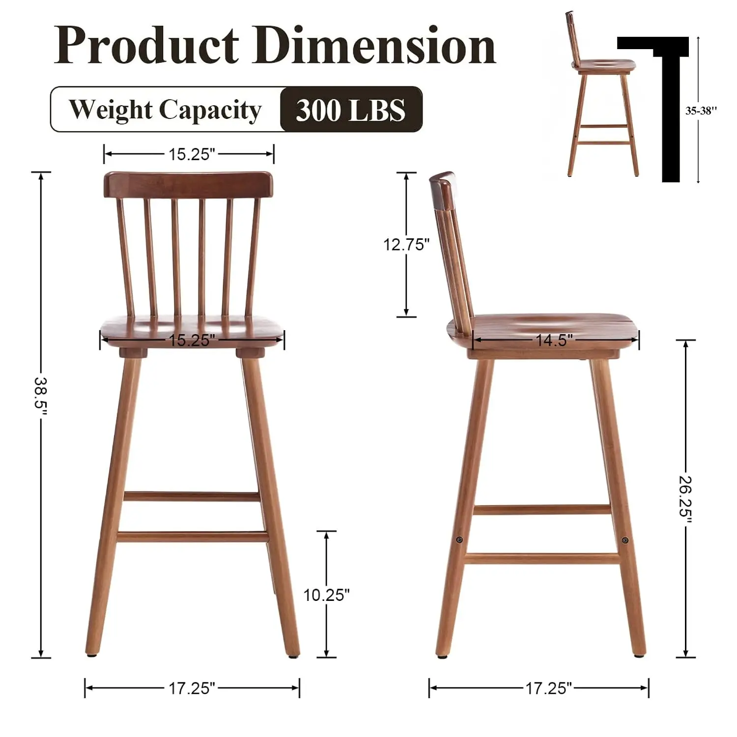 Windsor Bar Stools Set of 4, 26 Inch Counter Height Barstools Wooden Barstools with Spindle Back/Bigger Seat for, Customized