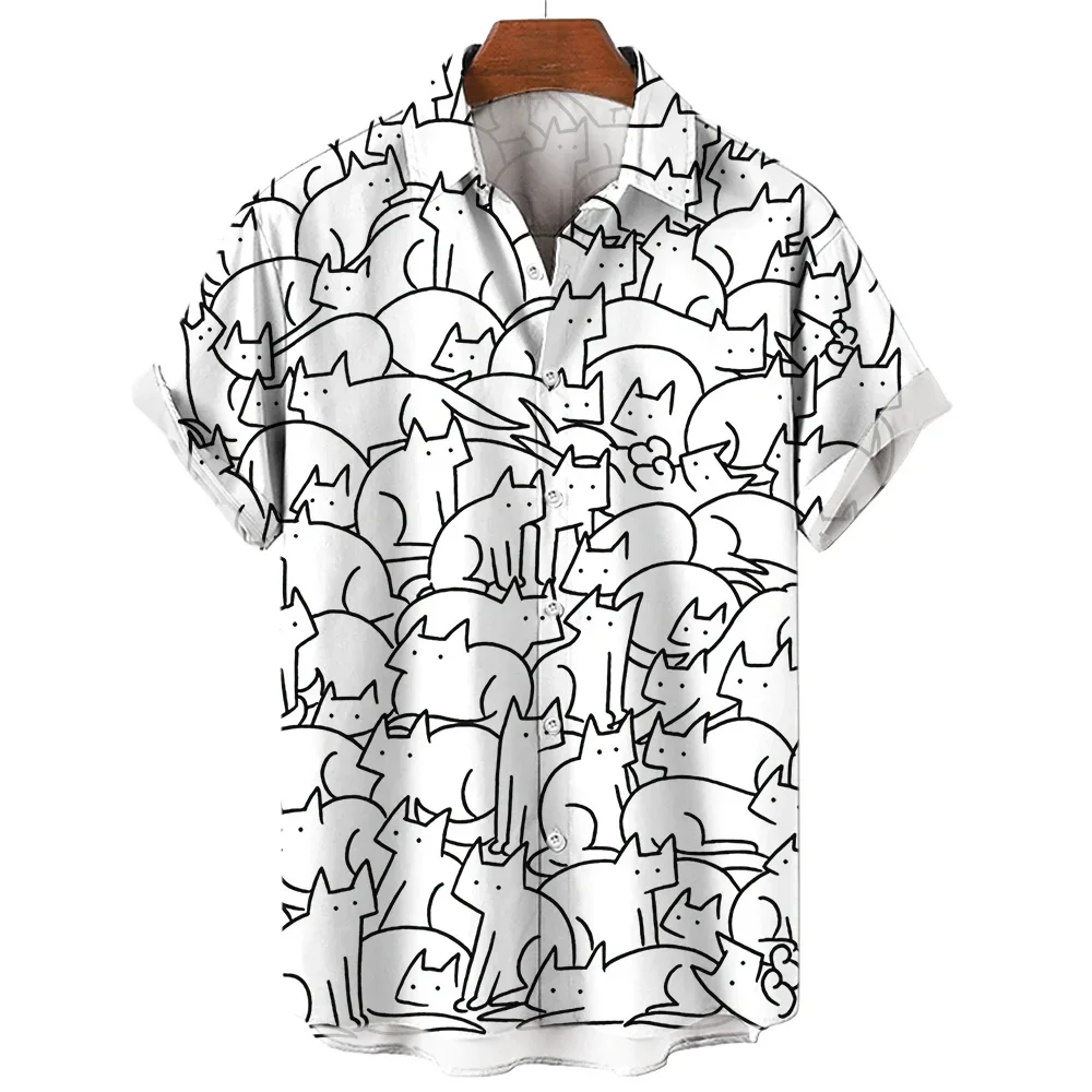 Men\'s Short Sleeve Shirt Fashion Cartoon Line Cat Pattern Print Top Women\'s Casual Button Shirt Top