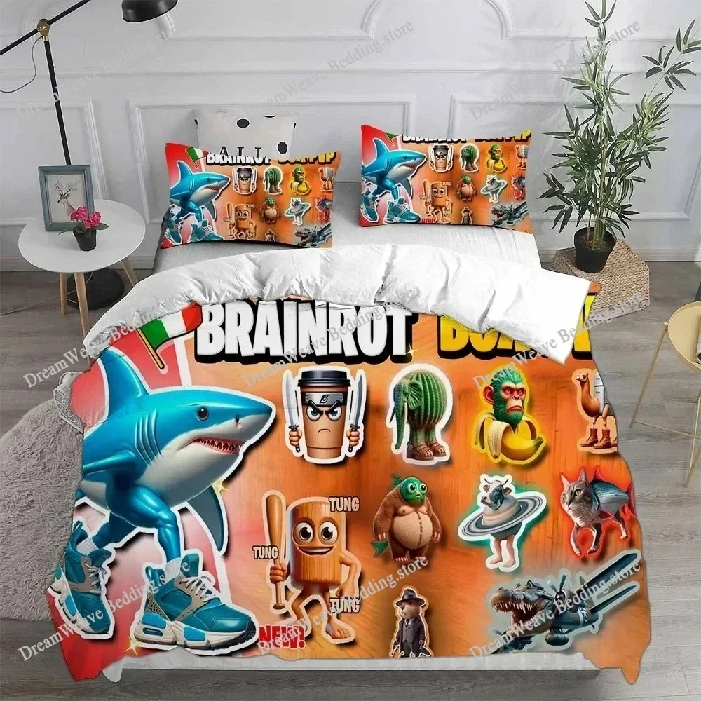 3D Print i-Italian b-Brainrot Bedding Set Duvet Cover Pillowcase Surreal AI Character Queen King Size Home Decor GiftFQH