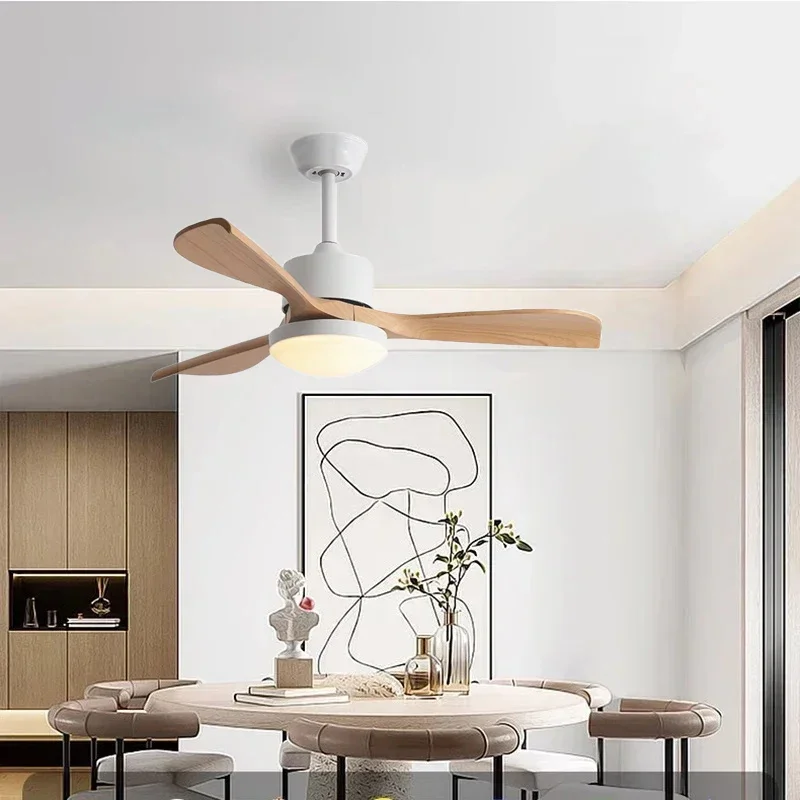 42/52 Inch Three-Solid-Wood-Blade Ceiling Fan with LED Light and Pure Copper Motor Suitable for Living Room and Dining Room