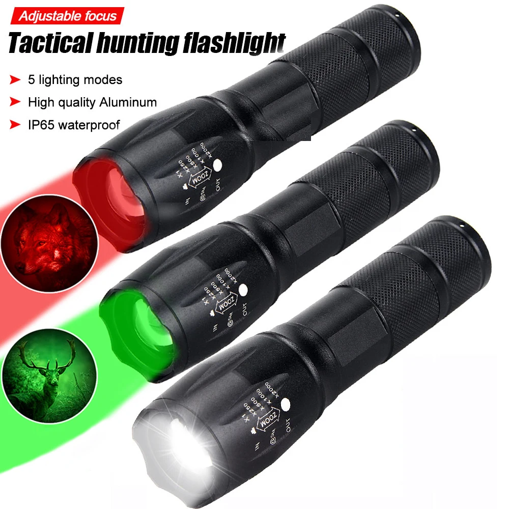 Tactical Light Green/Red/White LED Hunting Flashlight Torch Lamps Light Outdoor Multicolor Torch by 18650 Battery No Battery