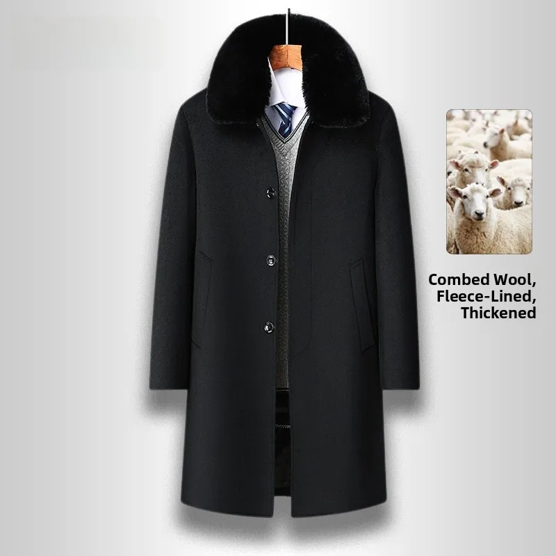 

Мужское зимнее шерстяное пальто с меховым воротником-стойкой, средней длины, на подкладке, для офиса, стильное и модное