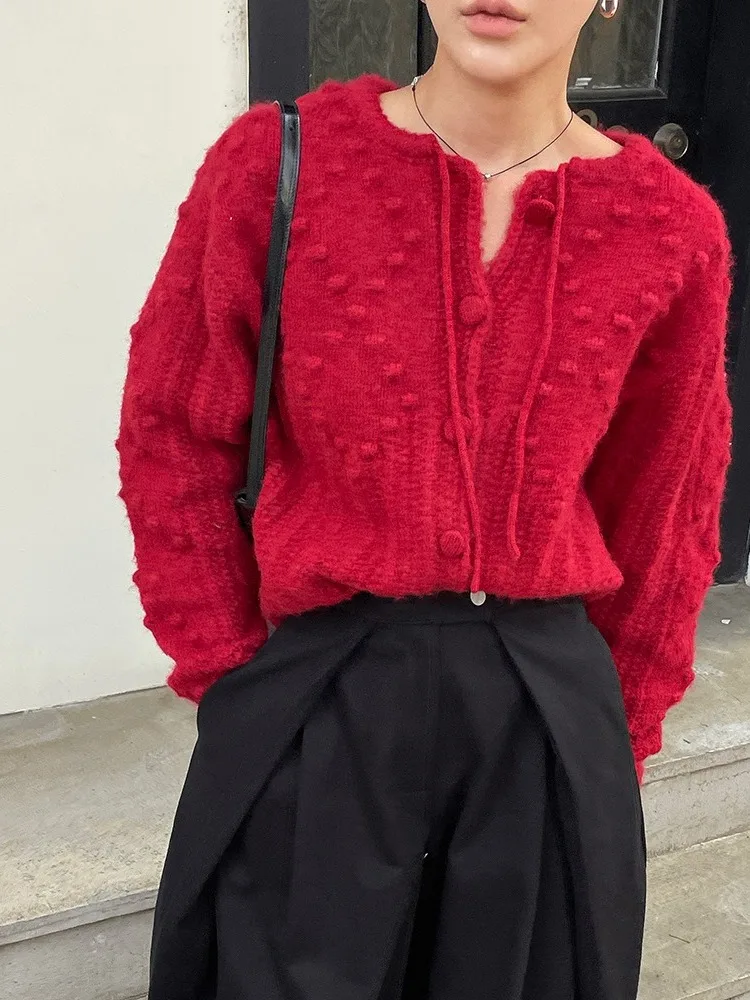 

Red Knitted Open Cardigan Women's Chic Loose Wave Ball Particle Knitwear Jaet Ele Top Chinese Brand Winter Long Sve