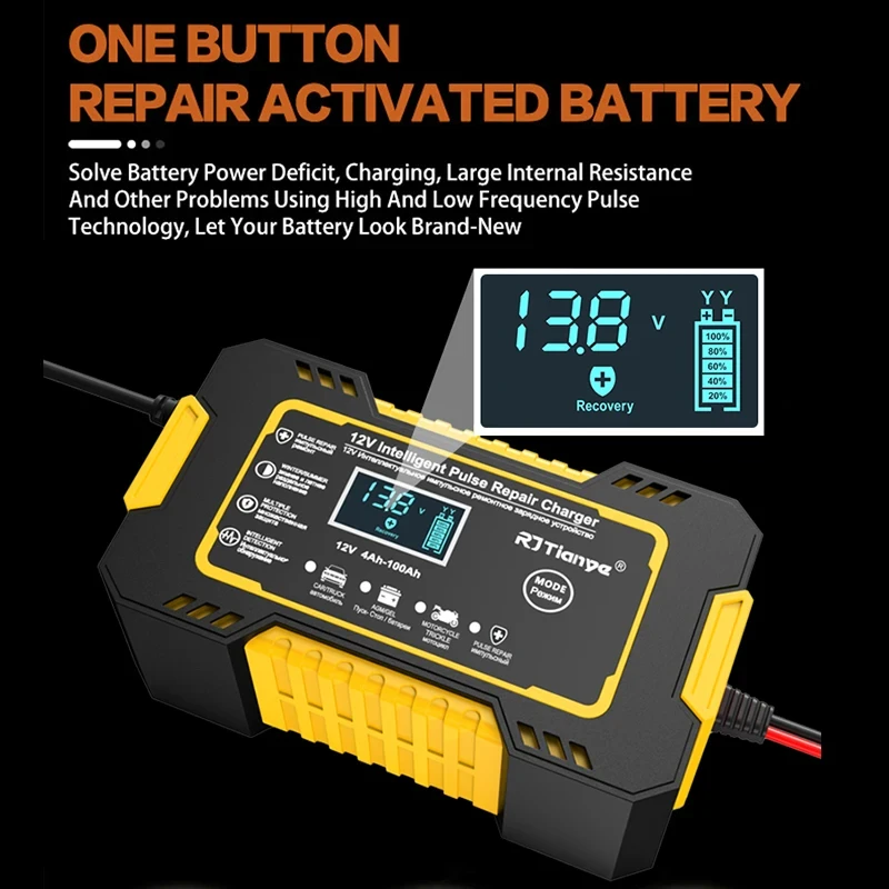 Car Battery Charger 12V 6A Touch Screen Pulse Repair LCD Fast Power Charging Wet Dry Lead Acid Digital LCD Display