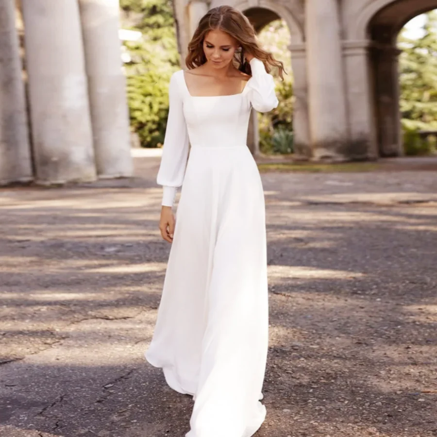 OUSIRUI 2024 Elegant Square Neck Simple Long Sleeves Wedding Dress Bridal Party A-Line For Women Robe Marriage Vestido De Noiva