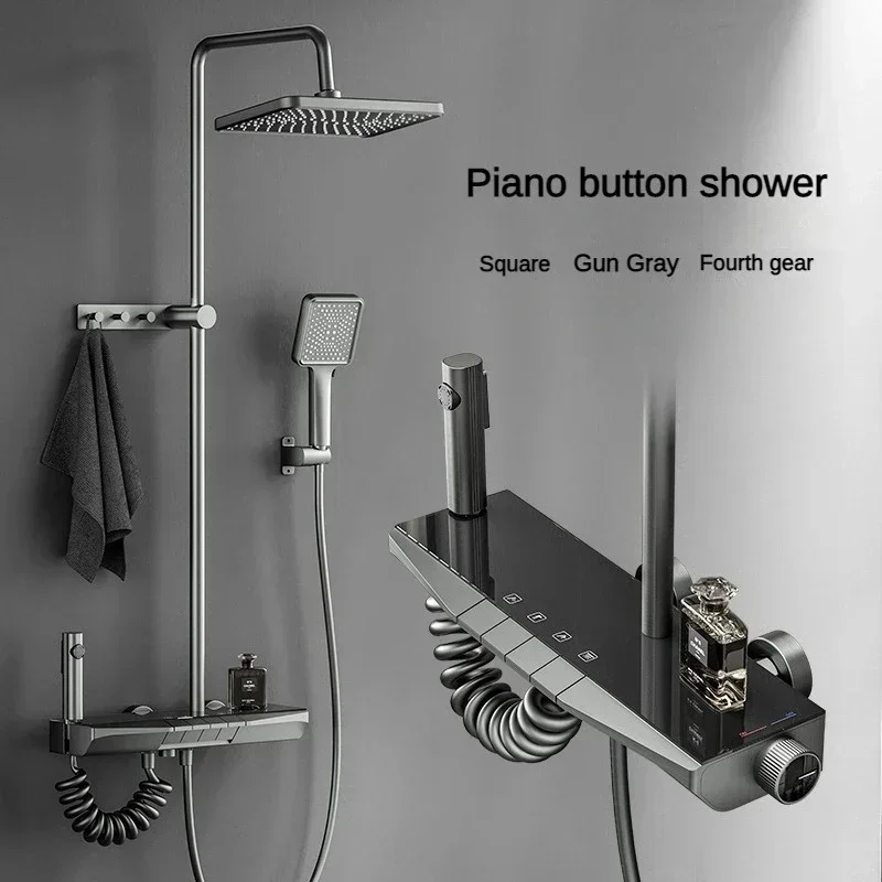 

Four-function Bathroom Shower System Piano Key Rainlfall Pressurized Space Aluminum Wall Mounted Hot Cold Shower Faucet Set