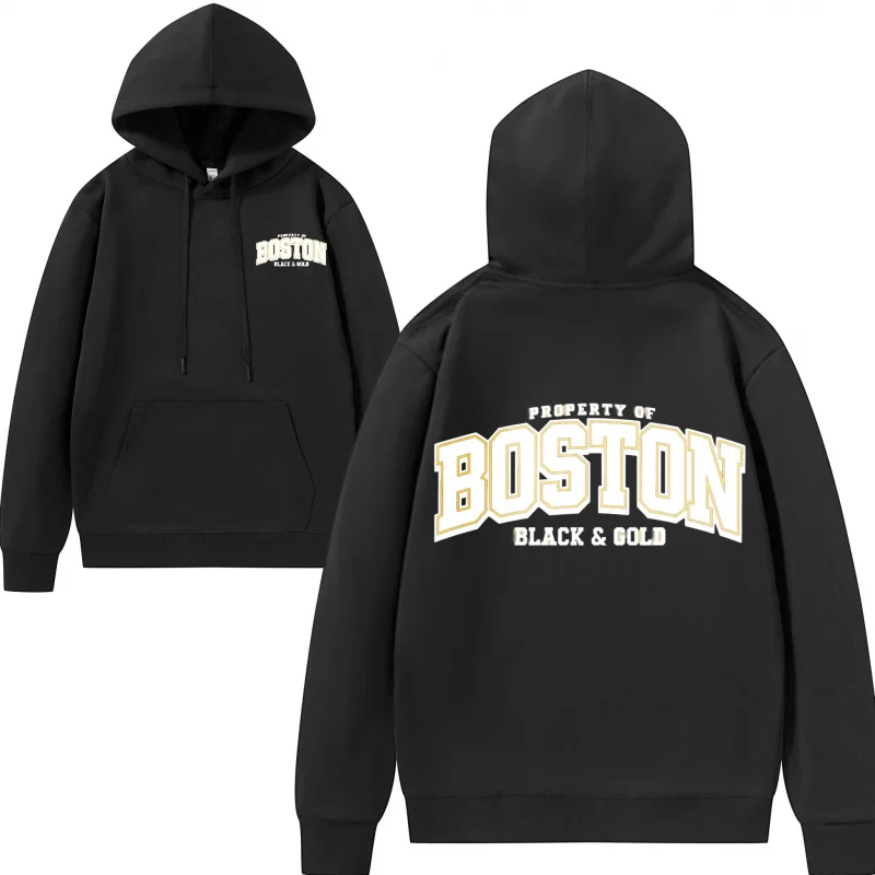 هوديي رجالي بوسطن طباعة سوداء وذهبية متعة طباعة بوسطن Blackandgold قماش تنفس