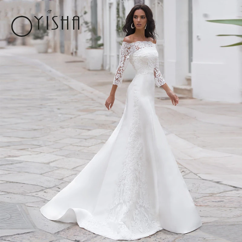 Oyisha Langarm Satin Brautkleider Boot Hals Applikationen Spitze Prinzessin Brautkleid zurück Knöpfe fegen Meerjungfrau Robe de Mariée