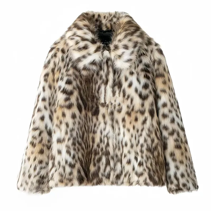 Leopard Faux Fur Coat Women Short Autumn Winter Plush Lapel Collar Panelled Jacket Female Warm Stylish Outerwears Lady Casual