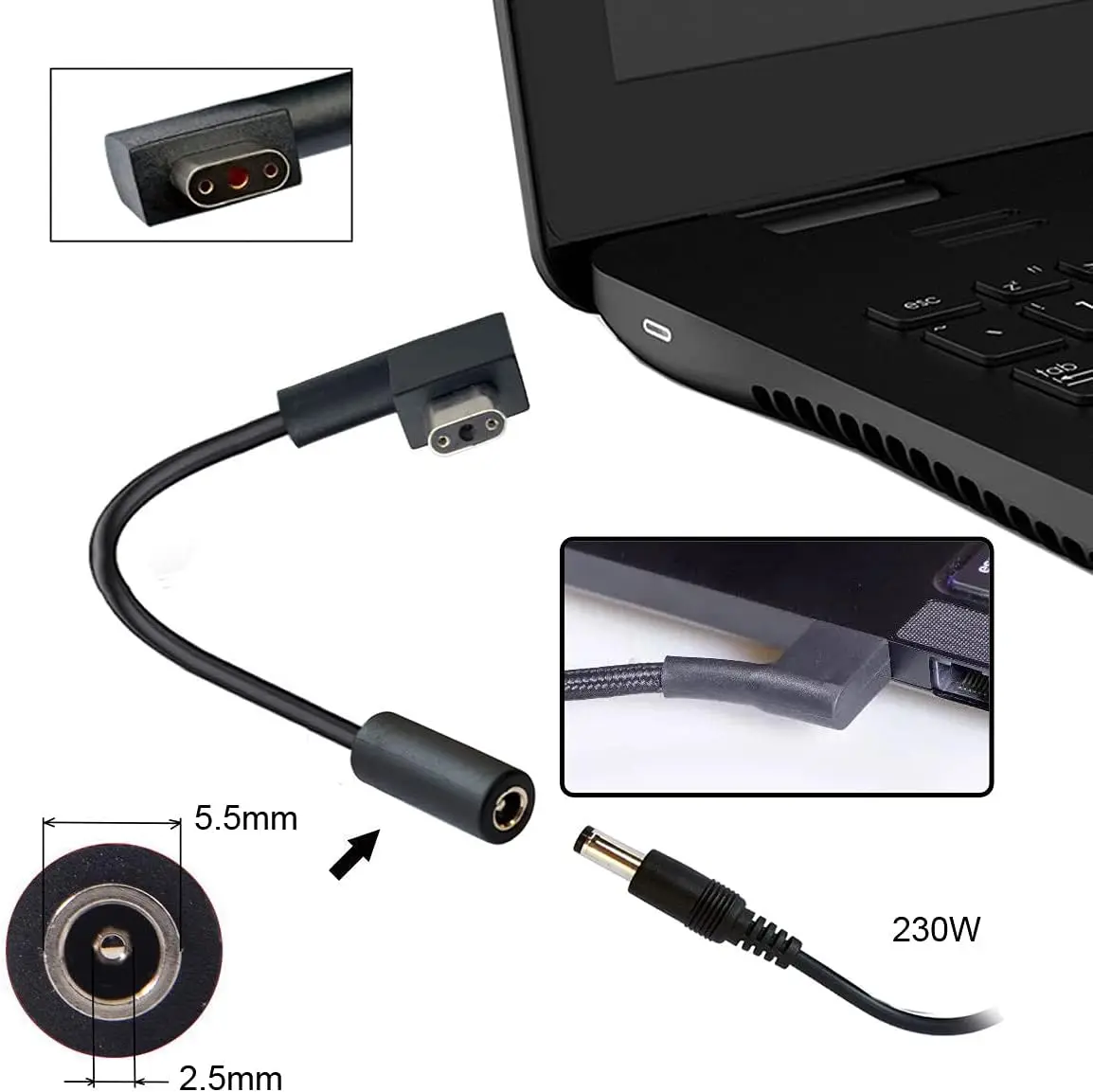 DC Jack Input to 3Pin Power Plug Cable Compatible for Laptop Pro 17 and Razer Blade 15 Model GTX1060Support 230W Charge Adapter